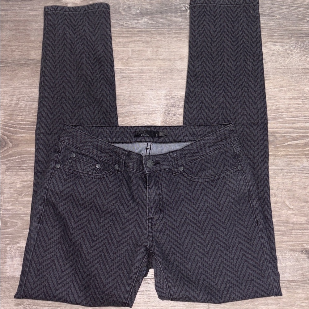 PrAna Kara Jeans Gray Denim Pants Black Chevron Pattern Skinny Leg